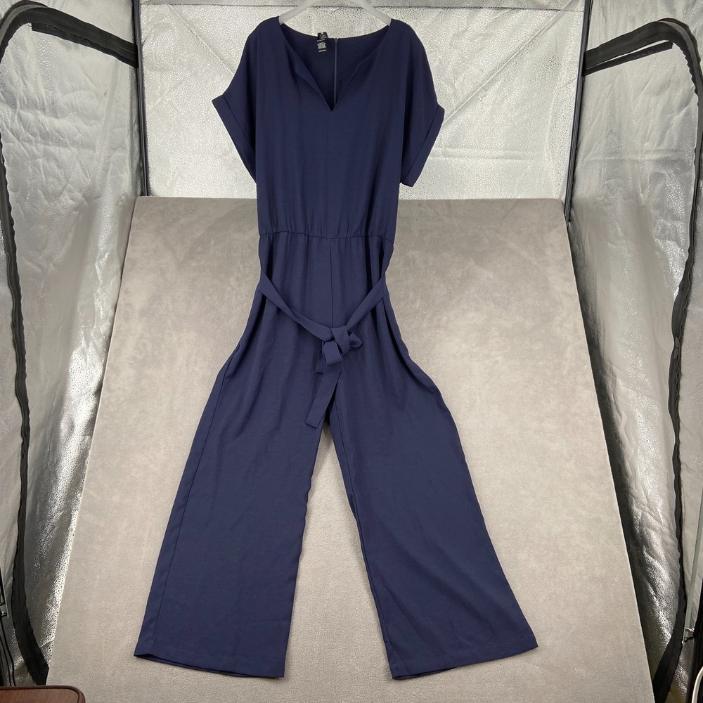 Agnes & Dora Jumpsuit Womens XL Navy Blue Split Neck Pleated Cuffed Short Sleeve